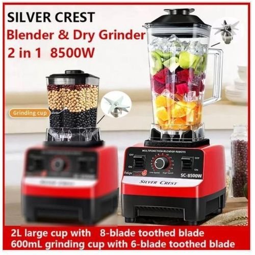 Front view of the powerful Silver Crest industrial blender for grains, beans, pepper, and smoothies.