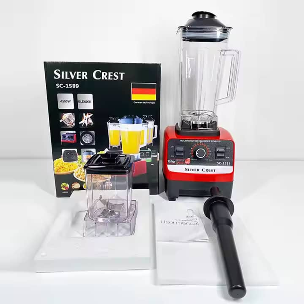 Full Silver Crest Blender package with jar, tamper, and stainless-steel blades.