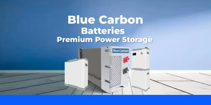 Blue Carbon batteries neatly arranged for solar energy storage solutions, showcasing modern lithium battery designs