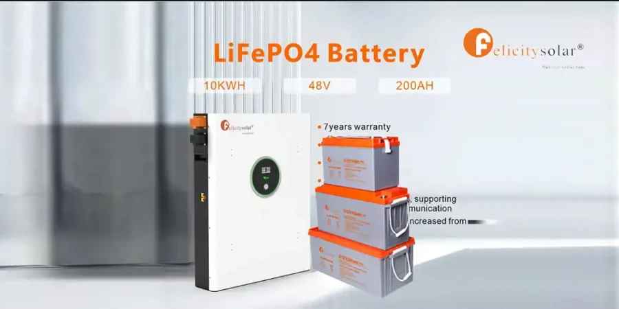 Close-up image of Felicity Solar Batteries arranged neatly for home and commercial solar energy storage systems.