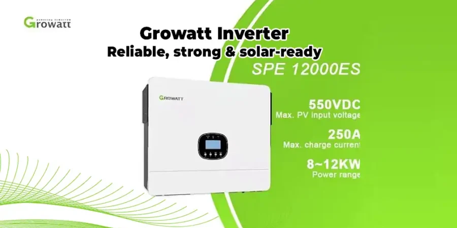 Growatt solar inverter installed in a home solar energy system, displaying energy output.