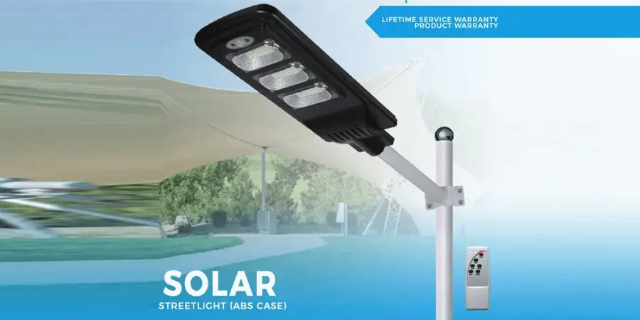 Solar street light installed on roadside with LED light and solar panel