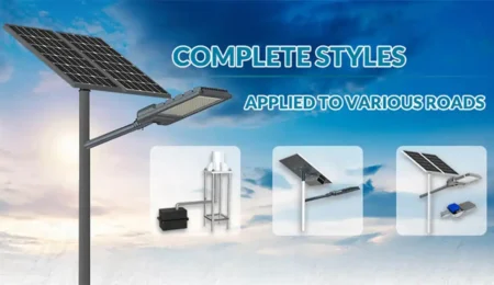 Solar street light installed on roadside with LED light and solar panel