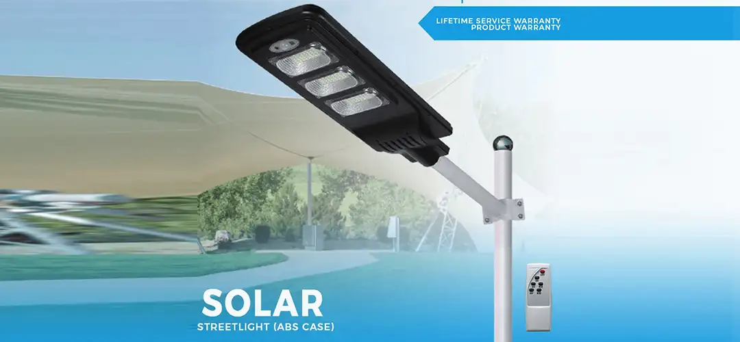 Solar street light installed on roadside with LED light and solar panel