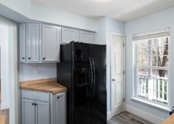 A standalone refrigerator standing inside a room at home