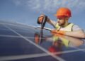 Electrician in work gear installing and wiring a solar panel on a mounting frame