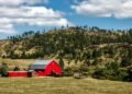 Red wooden shed standing on open farmland under the sky